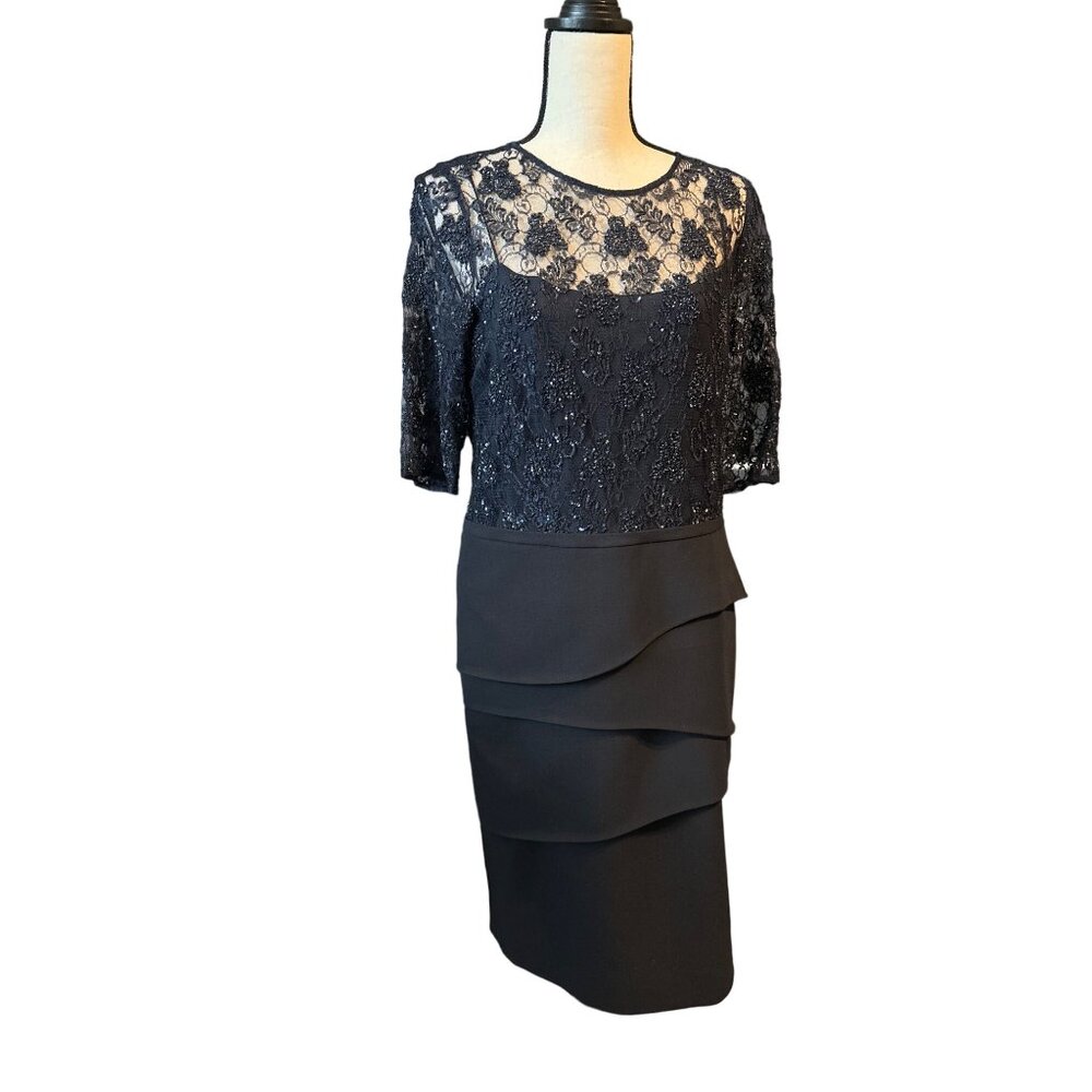 rickie freeman Teri Jon Navy Dress Beaded Lace Neckline Ruffles  3/4 Sleeve 14